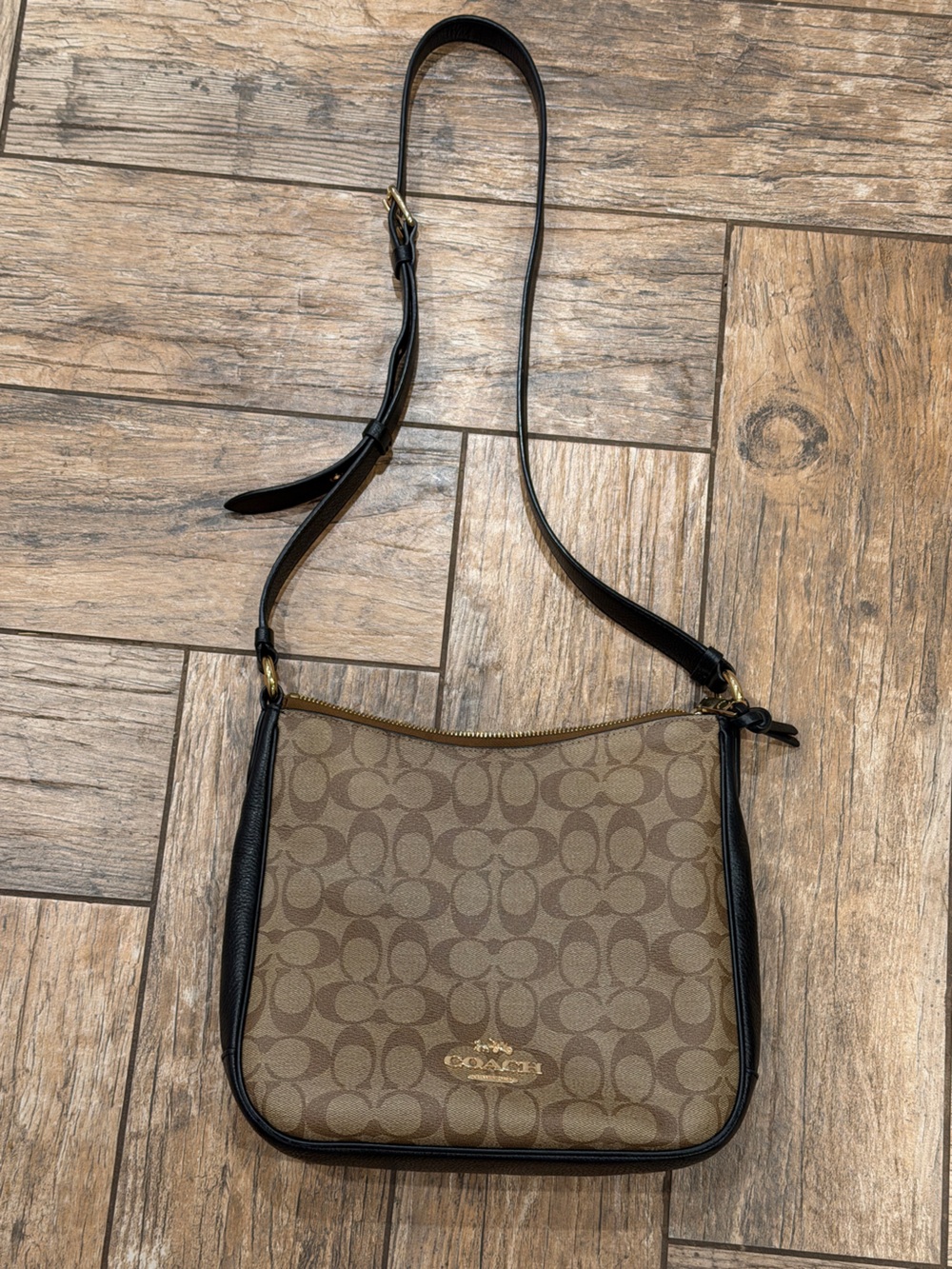 Coach Brown Signature Canvas Crossbody with Black Trim monogram